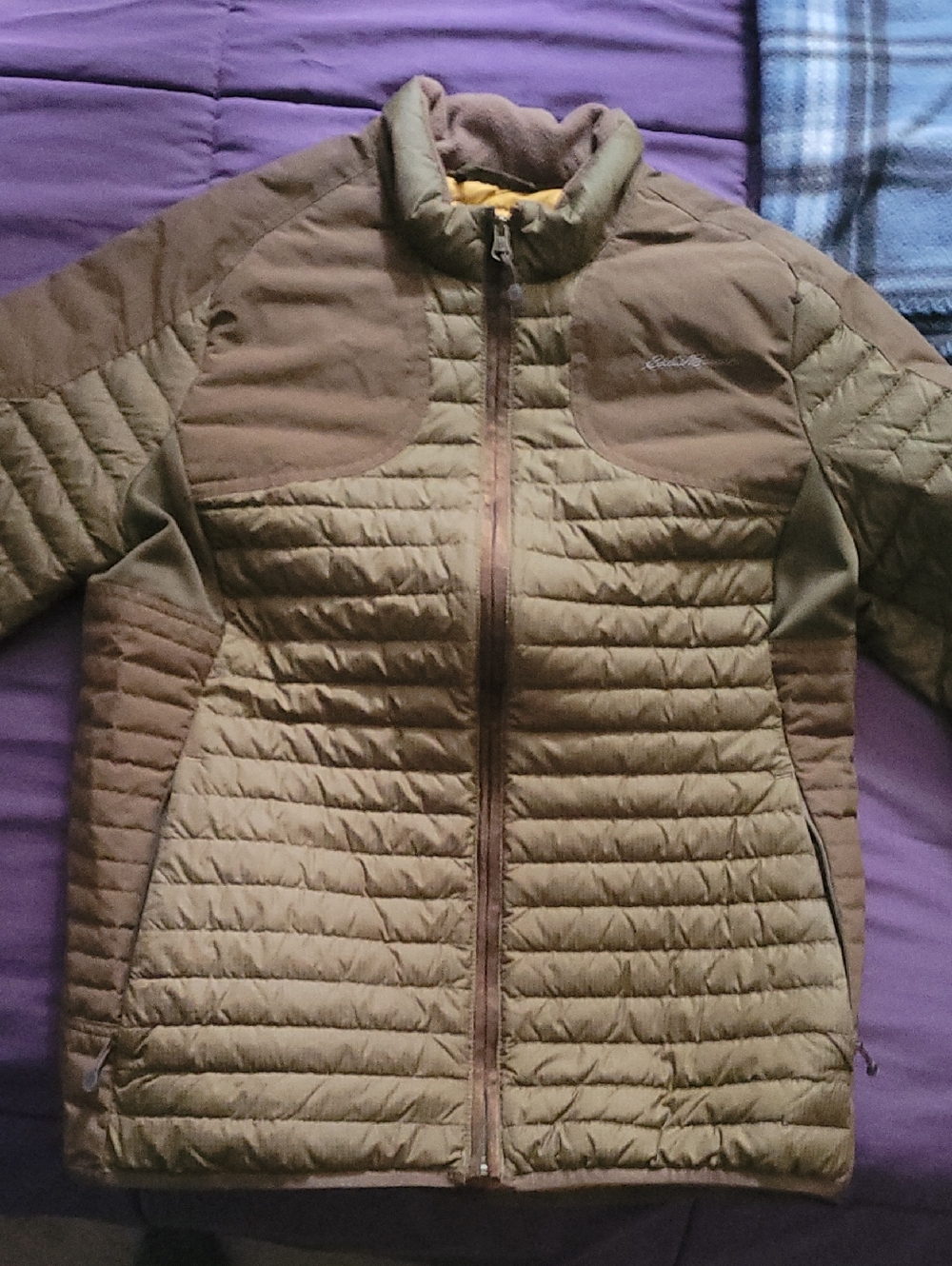 Eddie Bauer Olive and Brown Quilted Hybrid Puffer Jacket